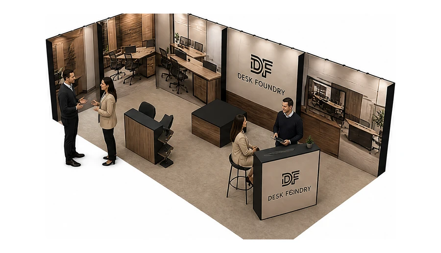 Stoisko 10 × 5 m narożne lewe dla branży meble biurowe, przykładowa marka Desk Foundry