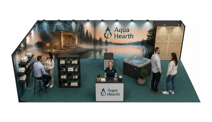 Stoisko 10 × 5 m narożne lewe dla branży baseny i sauny, przykładowa marka Aqua Hearth