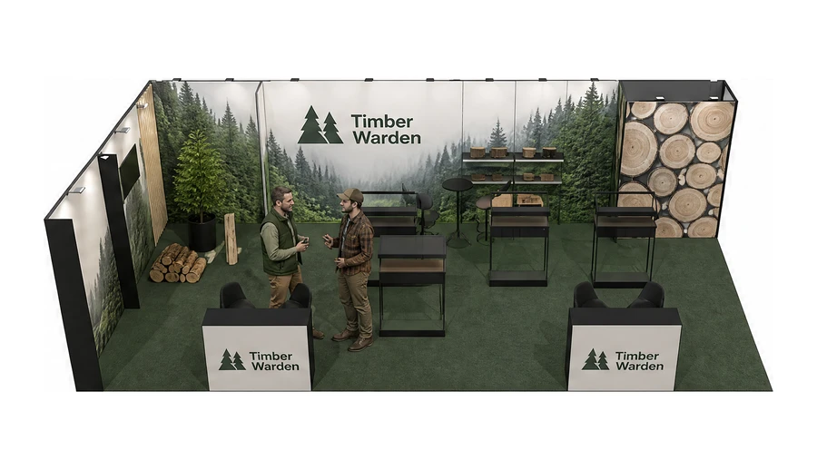 Stoisko 10 × 5 m narożne lewe dla branży leśnictwo i przemysł drzewny, przykładowa marka Timber Warden