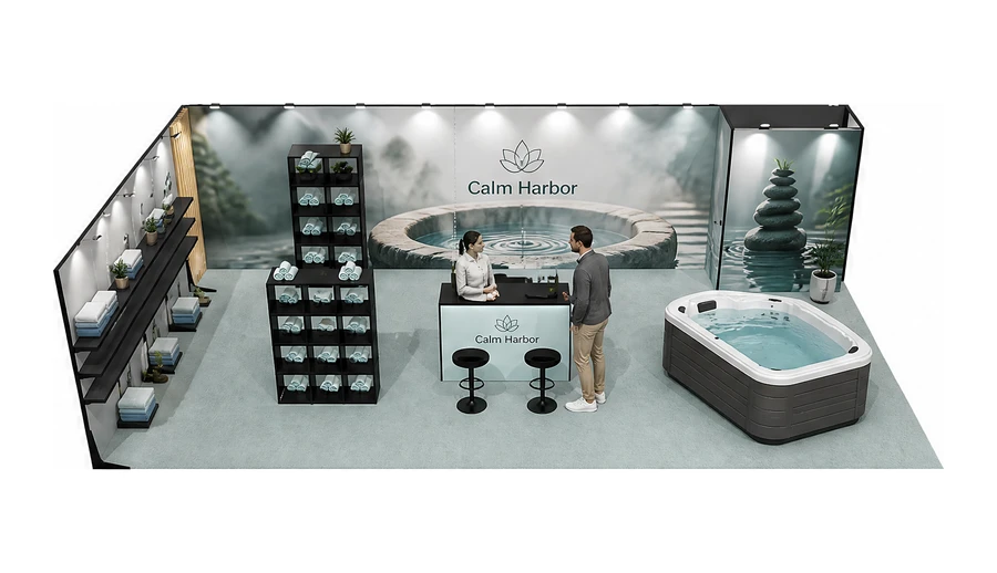 Stoisko 10 × 5 m narożne lewe dla branży spa i wellness, przykładowa marka Calm Harbor