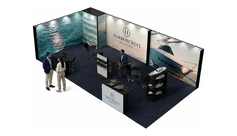 Stoisko 10 × 5 m narożne lewe dla branży jachty i łodzie, przykładowa marka Harborcrest Marine
