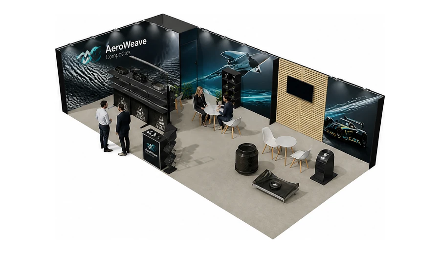 Stoisko 10 × 5 m narożne lewe dla branży materiały kompozytowe, przykładowa marka AeroWeave Composites