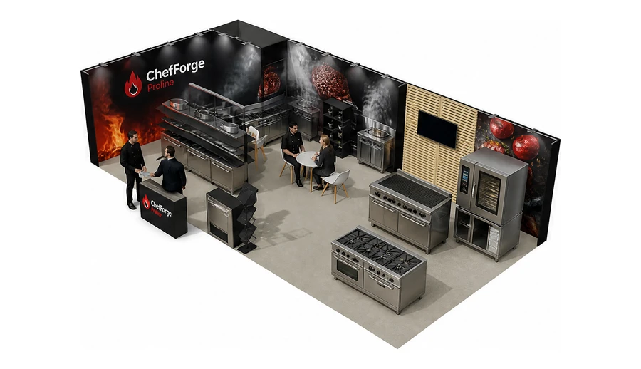 Stoisko 10 × 5 m narożne lewe dla branży wyposażenie gastronomii, przykładowa marka ChefForge Proline