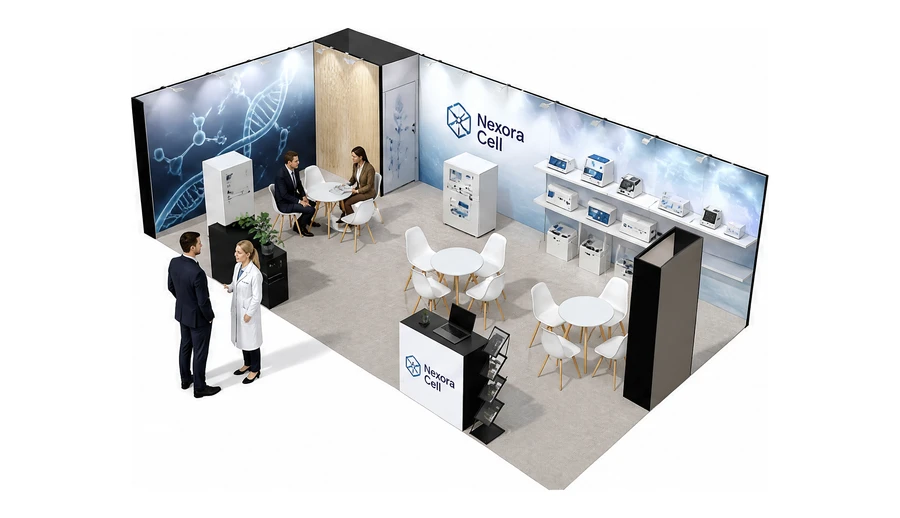 Stoisko 10 × 5 m narożne lewe dla branży farmacja i biotechnologia, przykładowa marka Nexora Cell