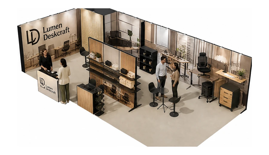 Stoisko 10 × 5 m narożne lewe dla branży meble biurowe, przykładowa marka Lumen Deskcraft