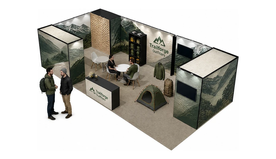 Stoisko 10 × 5 m narożne lewe dla branży odzież i sprzęt outdoorowy, przykładowa marka Trailforge Outfitters