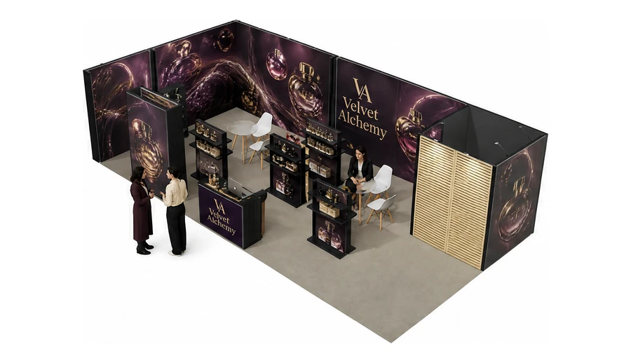 Stoisko 10 × 5 m narożne lewe dla branży perfumy, przykładowa marka Velvet Alchemy