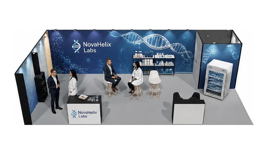 Stoisko 10 × 5 m narożne lewe dla branży farmacja i biotechnologia, przykładowa marka NovaHelix Labs