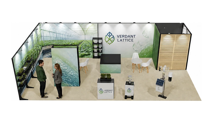 Stoisko 10 × 5 m narożne lewe dla branży sadownictwo i warzywnictwo, przykładowa marka Verdant Lattice
