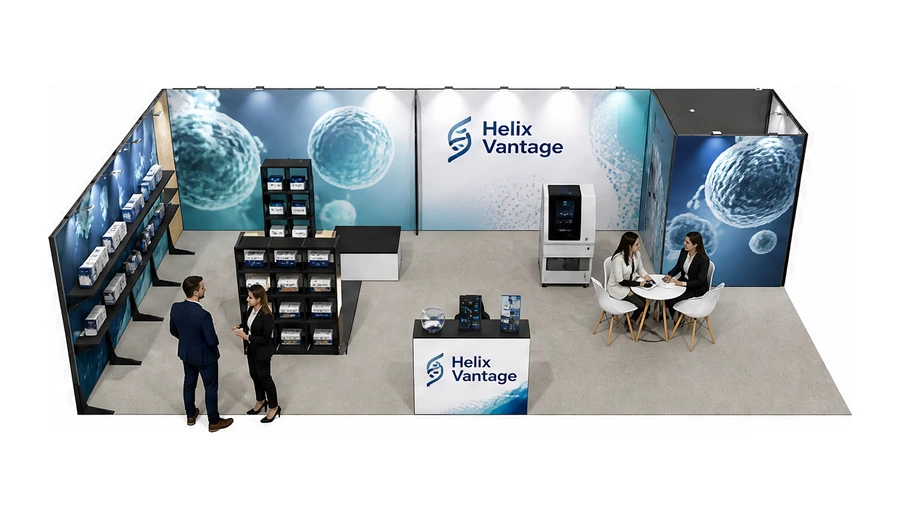Stoisko 10 × 5 m narożne lewe dla branży farmacja i biotechnologia, przykładowa marka Helix Vantage