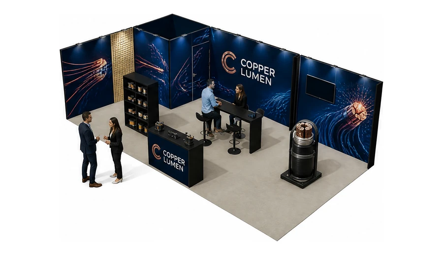 Stoisko 10 × 5 m narożne lewe dla branży kable i elektrotechnika, przykładowa marka Copper Lumen