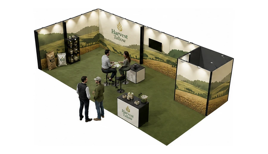Stoisko 10 × 5 m narożne lewe dla branży hodowla i pasze, przykładowa marka Harvest Tallow