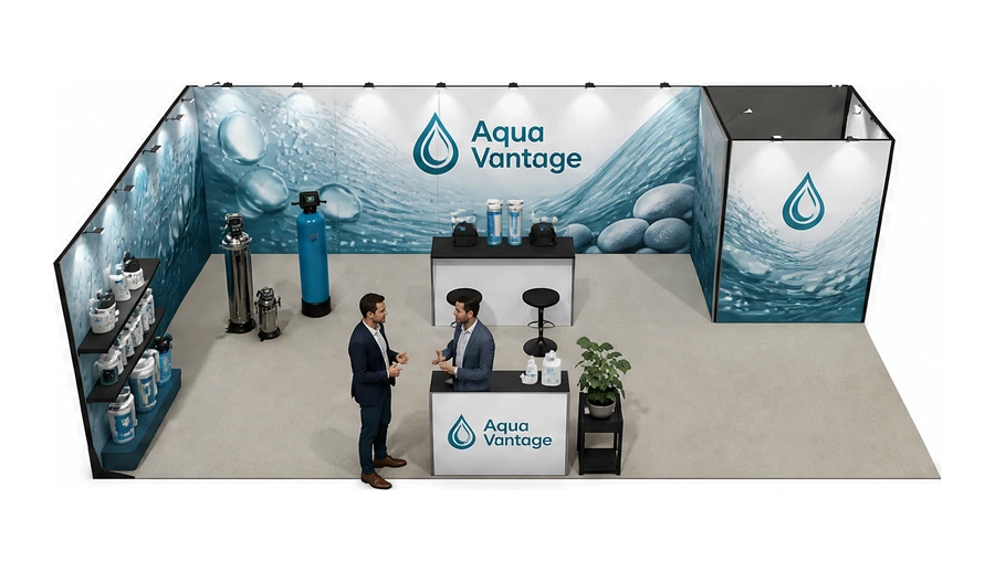 Stoisko 10 × 5 m narożne lewe dla branży technologie wodne, przykładowa marka Aqua Vantage