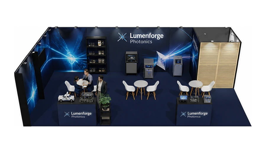 Stoisko 10 × 5 m narożne lewe dla branży technika laserowa i fotonika, przykładowa marka Lumenforge Photonics