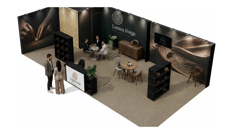 Stoisko 10 × 5 m narożne lewe dla branży meble designerskie, przykładowa marka Lumen Forge