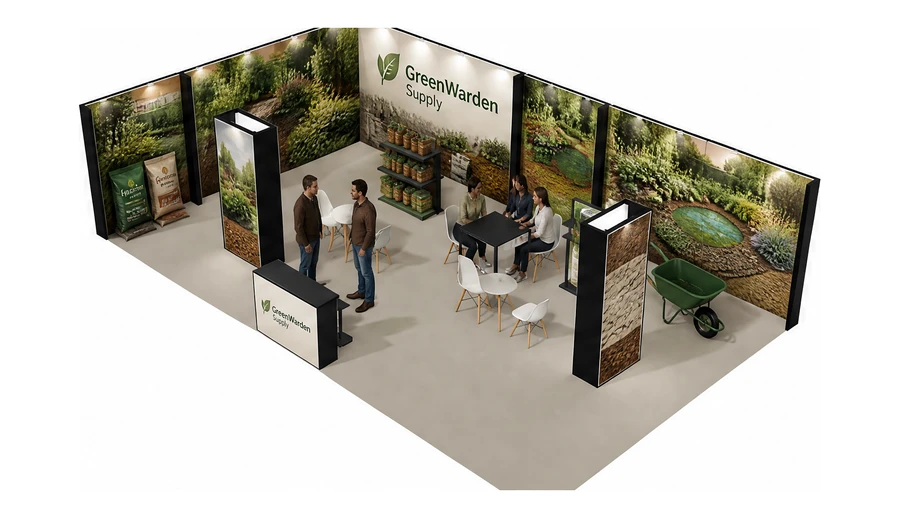 Stoisko 10 × 6 m narożne lewe dla branży ogród i architektura krajobrazu, przykładowa marka GreenWarden Supply