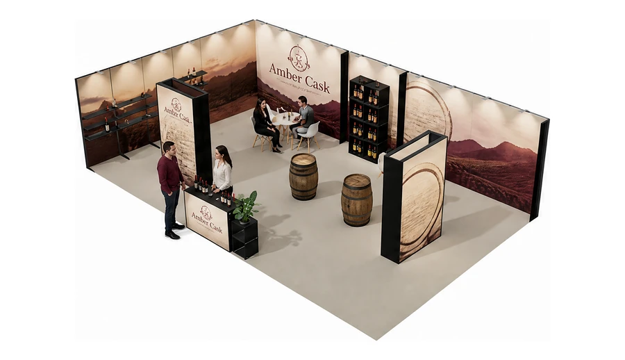 Stoisko 10 × 6 m narożne lewe dla branży winnica, przykładowa marka Amber Cask
