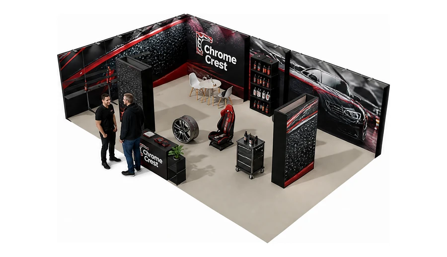 Stoisko 10 × 6 m narożne lewe dla branży tuning i detailing, przykładowa marka Chrome Crest