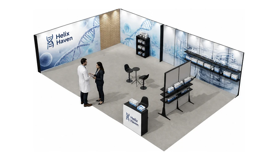 Stoisko 10 × 6 m narożne lewe dla branży farmacja i biotechnologia, przykładowa marka Helix Haven