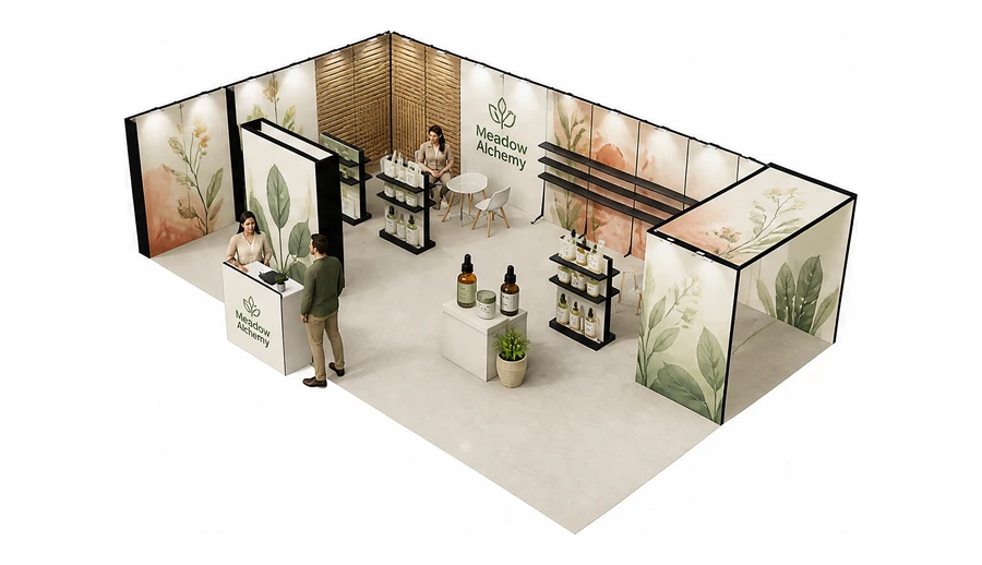 Stoisko 10 × 6 m narożne lewe dla branży kosmetyki naturalne, przykładowa marka Meadow Alchemy