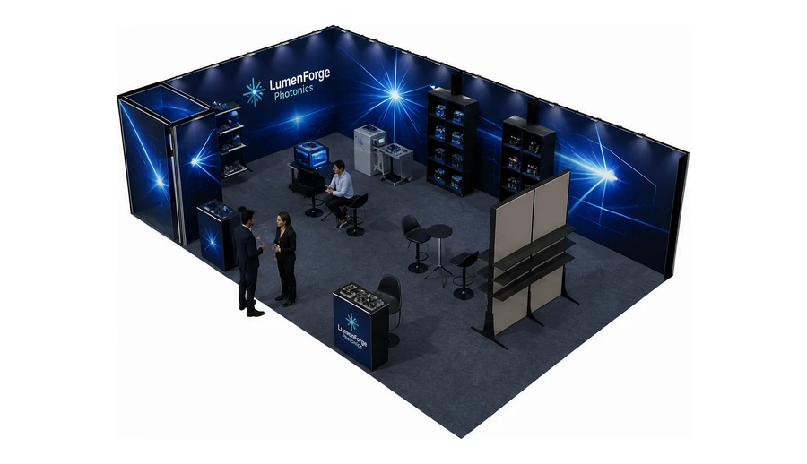 Stoisko 10 × 6 m narożne lewe dla branży technika laserowa i fotonika, przykładowa marka LumenForge Photonics