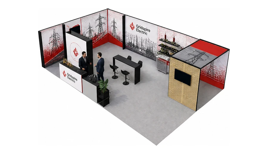Stoisko 10 × 6 m narożne lewe dla branży energetyka i sieci, przykładowa marka Gridspire Electric