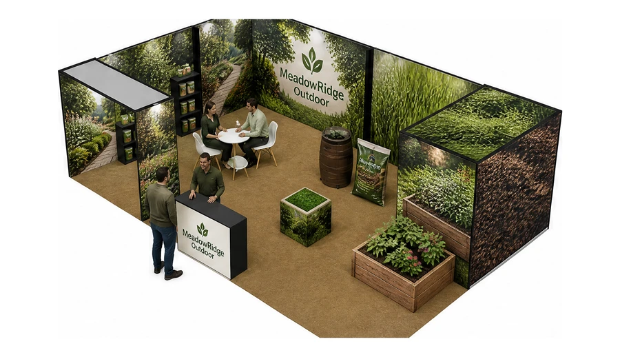 Stoisko 10 × 6 m narożne lewe dla branży ogród i architektura krajobrazu, przykładowa marka MeadowRidge Outdoor