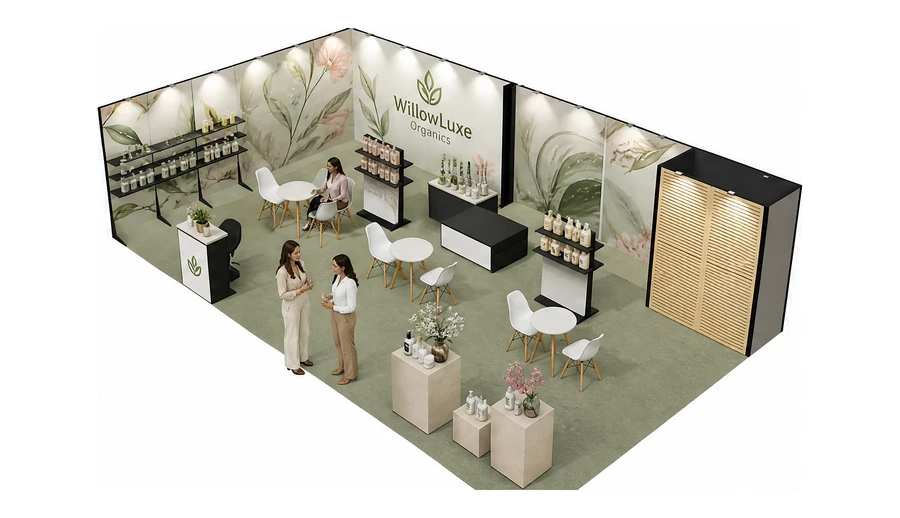 Stoisko 10 × 6 m narożne lewe dla branży kosmetyki naturalne, przykładowa marka WillowLuxe Organics
