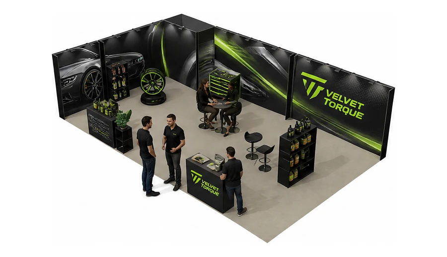 Stoisko 10 × 6 m narożne lewe dla branży tuning i detailing, przykładowa marka Velvet Torque