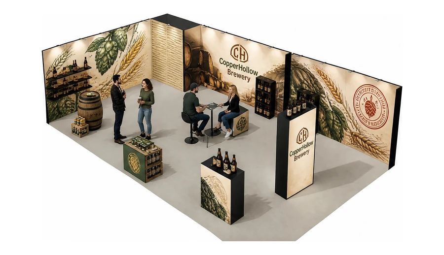 Stoisko 10 × 6 m narożne lewe dla branży browar rzemieślniczy, przykładowa marka CopperHollow Brewery