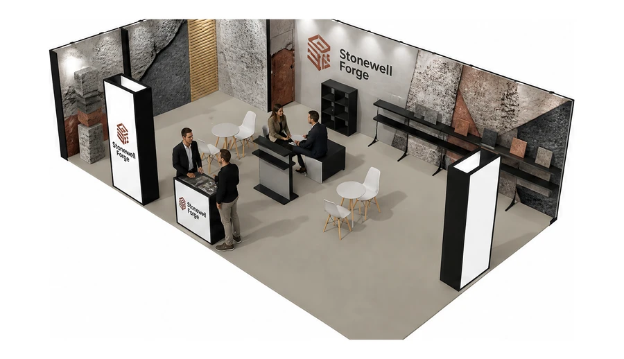 Stoisko 10 × 6 m narożne lewe dla branży materiały budowlane, przykładowa marka Stonewell Forge