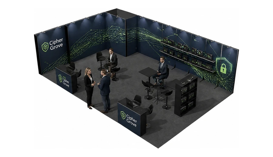 Stoisko 10 × 6 m narożne lewe dla branży cyberbezpieczeństwo, przykładowa marka Cipher Grove