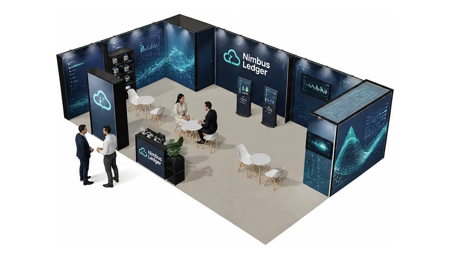 Stoisko 10 × 6 m narożne lewe dla branży oprogramowanie dla firm, przykładowa marka Nimbus Ledger
