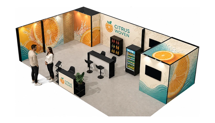 Stoisko 10 × 6 m narożne lewe dla branży napoje, przykładowa marka Citrus Woven