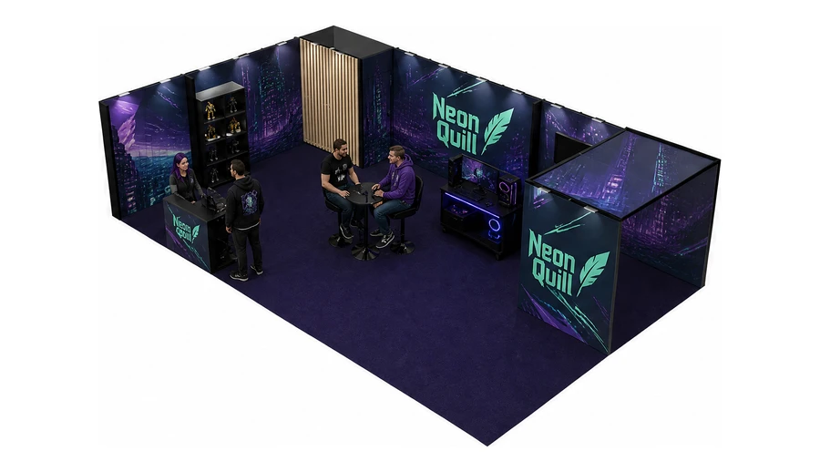Stoisko 10 × 6 m narożne lewe dla branży gry wideo, przykładowa marka Neon Quill