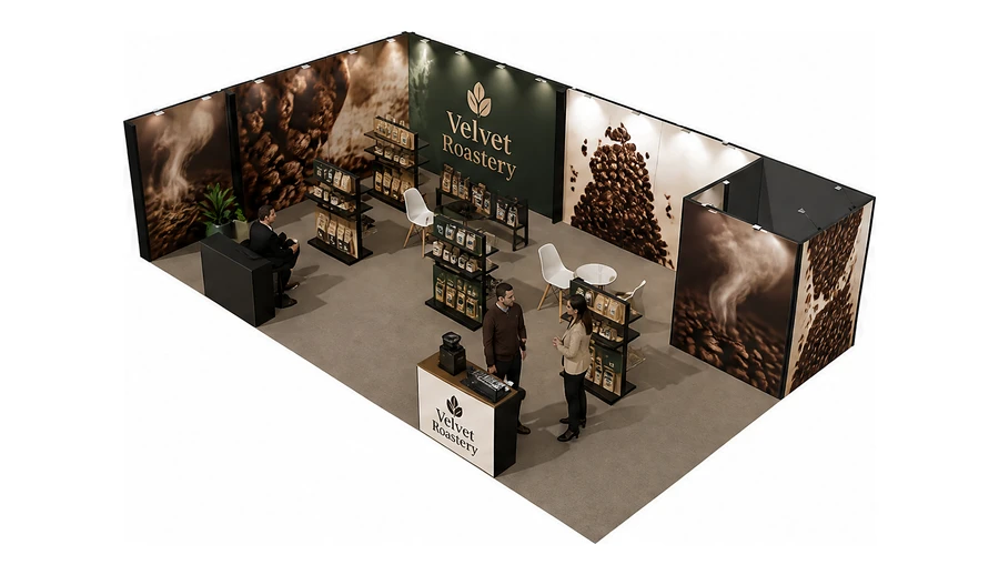 Stoisko 10 × 6 m narożne lewe dla branży palarnia kawy, przykładowa marka Velvet Roastery