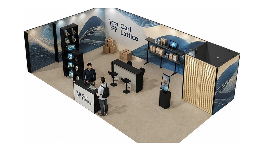Stoisko 10 × 6 m narożne lewe dla branży e-commerce, przykładowa marka Cart Lattice