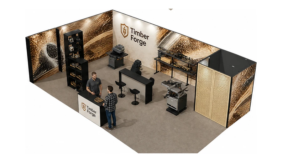 Stoisko 10 × 6 m narożne lewe dla branży maszyny do obróbki drewna, przykładowa marka Timber Forge
