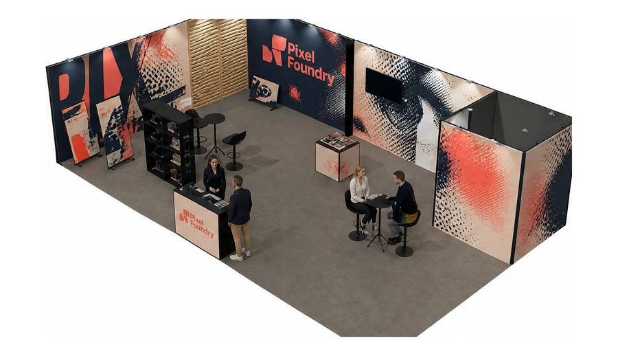 Stoisko 10 × 6 m narożne lewe dla branży reklama i druk, przykładowa marka Pixel Foundry