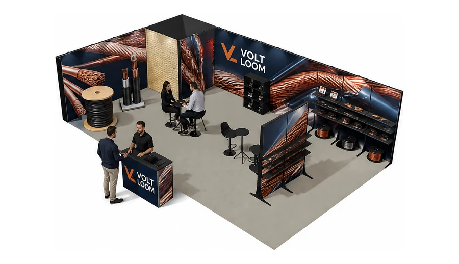 Stoisko 10 × 6 m narożne lewe dla branży kable i elektrotechnika, przykładowa marka Volt Loom
