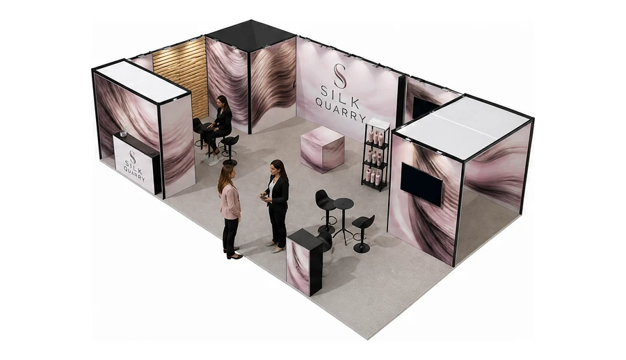 Stoisko 10 × 6 m narożne lewe dla branży fryzjerstwo i salony beauty, przykładowa marka Silk Quarry