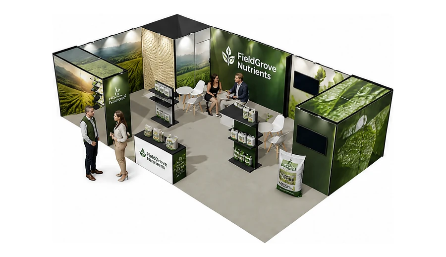 Stoisko 10 × 6 m narożne lewe dla branży nawozy i ochrona roślin, przykładowa marka FieldGrove Nutrients