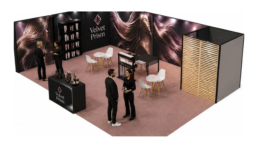 Stoisko 10 × 6 m narożne lewe dla branży fryzjerstwo i salony beauty, przykładowa marka Velvet Prism