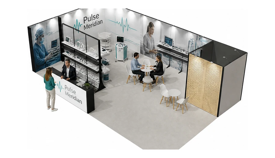 Stoisko 10 × 6 m narożne lewe dla branży sprzęt medyczny, przykładowa marka Pulse Meridian