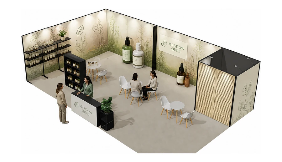 Stoisko 10 × 6 m narożne lewe dla branży kosmetyki naturalne, przykładowa marka Meadow Quill