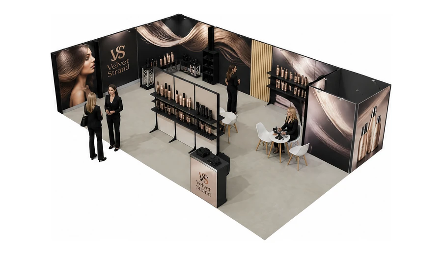 Stoisko 10 × 6 m narożne lewe dla branży fryzjerstwo i salony beauty, przykładowa marka Velvet Strand