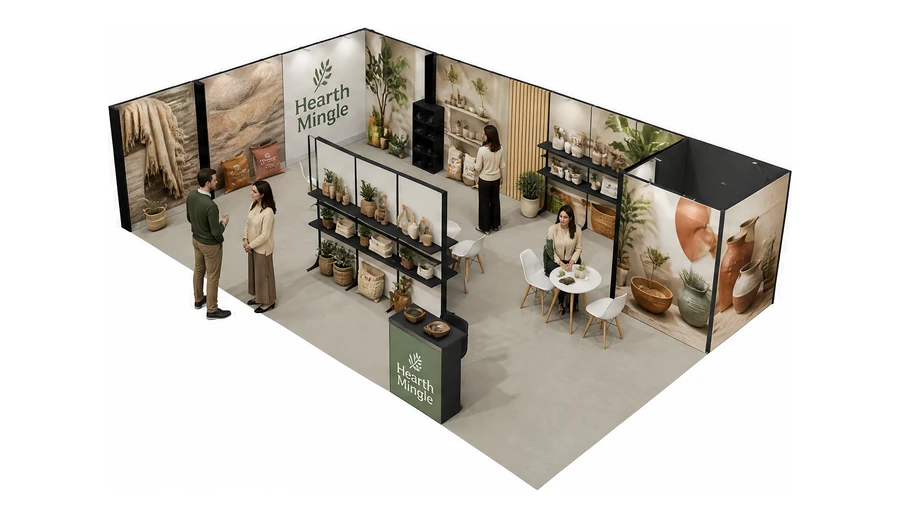 Stoisko 10 × 6 m narożne lewe dla branży dekoracje i upominki, przykładowa marka Hearth Mingle