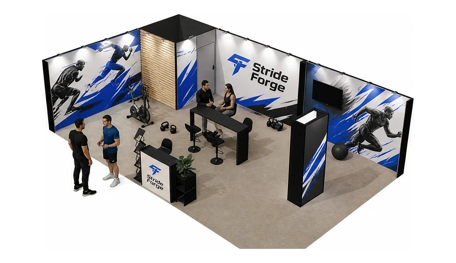Stoisko 10 × 6 m narożne lewe dla branży sprzęt sportowy, przykładowa marka Stride Forge