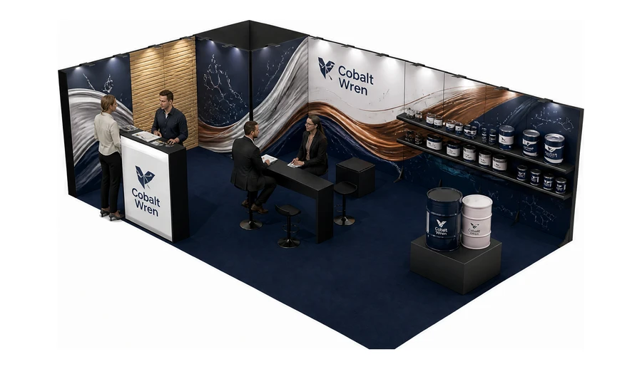 Stoisko 10 × 6 m narożne lewe dla branży chemia przemysłowa i powłoki, przykładowa marka Cobalt Wren