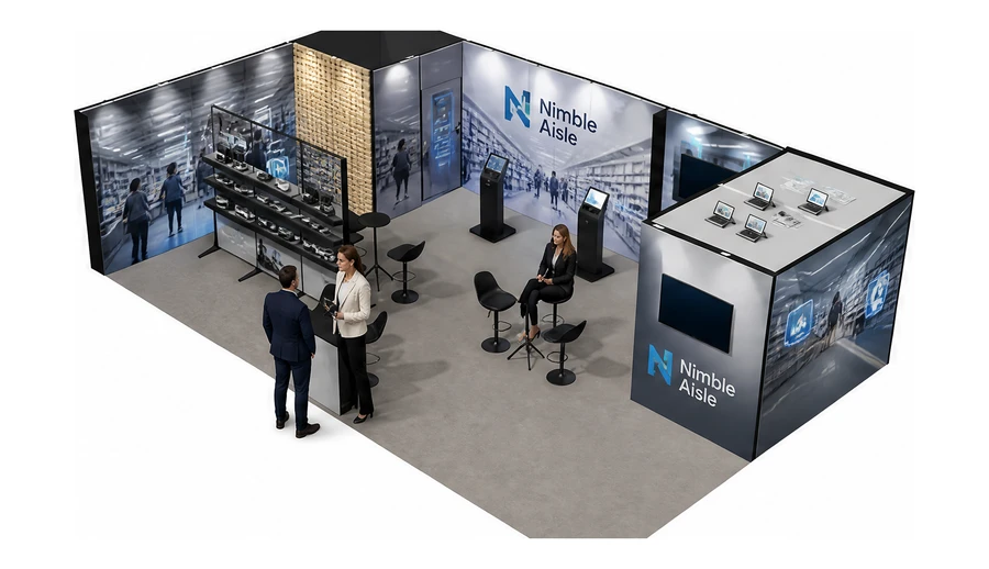 Stoisko 10 × 6 m narożne lewe dla branży technologie dla handlu, przykładowa marka Nimble Aisle